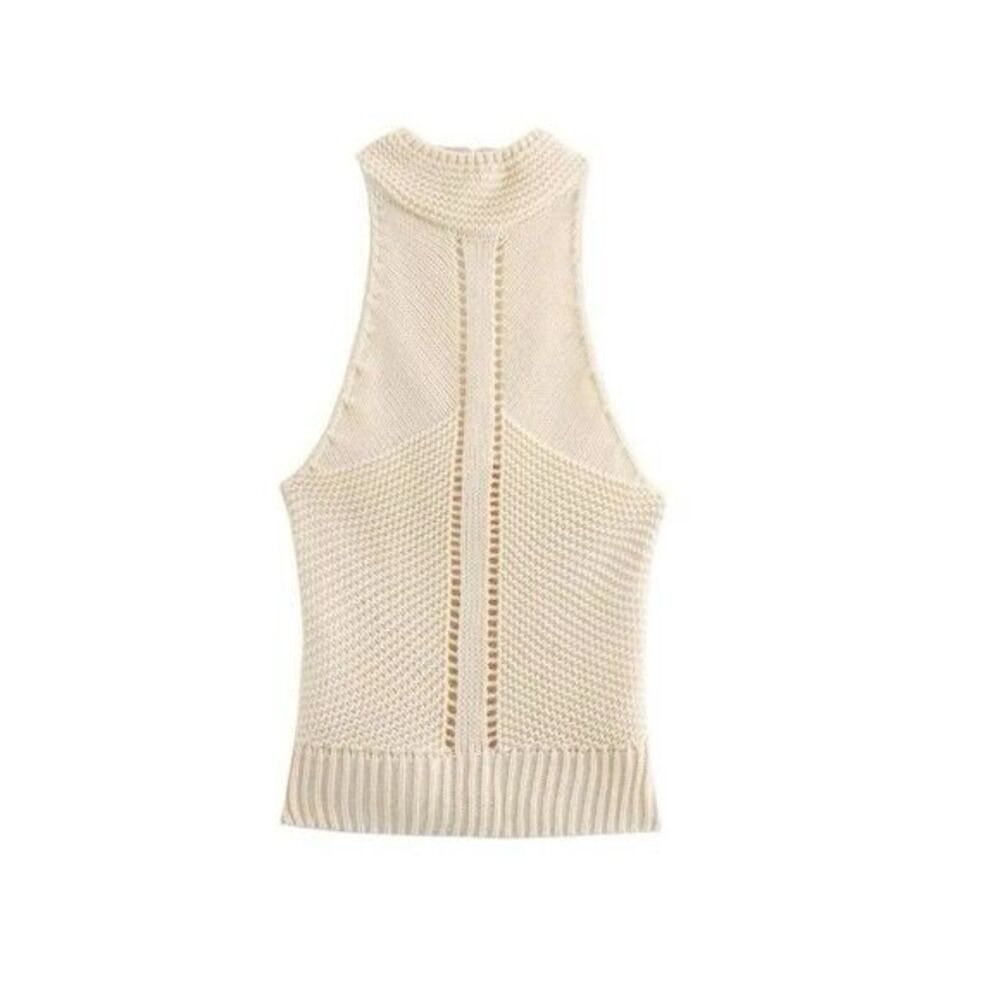 Zara Halter Knit Top Sz Med Beige Neutral Button Closure Open Back NWT Spring